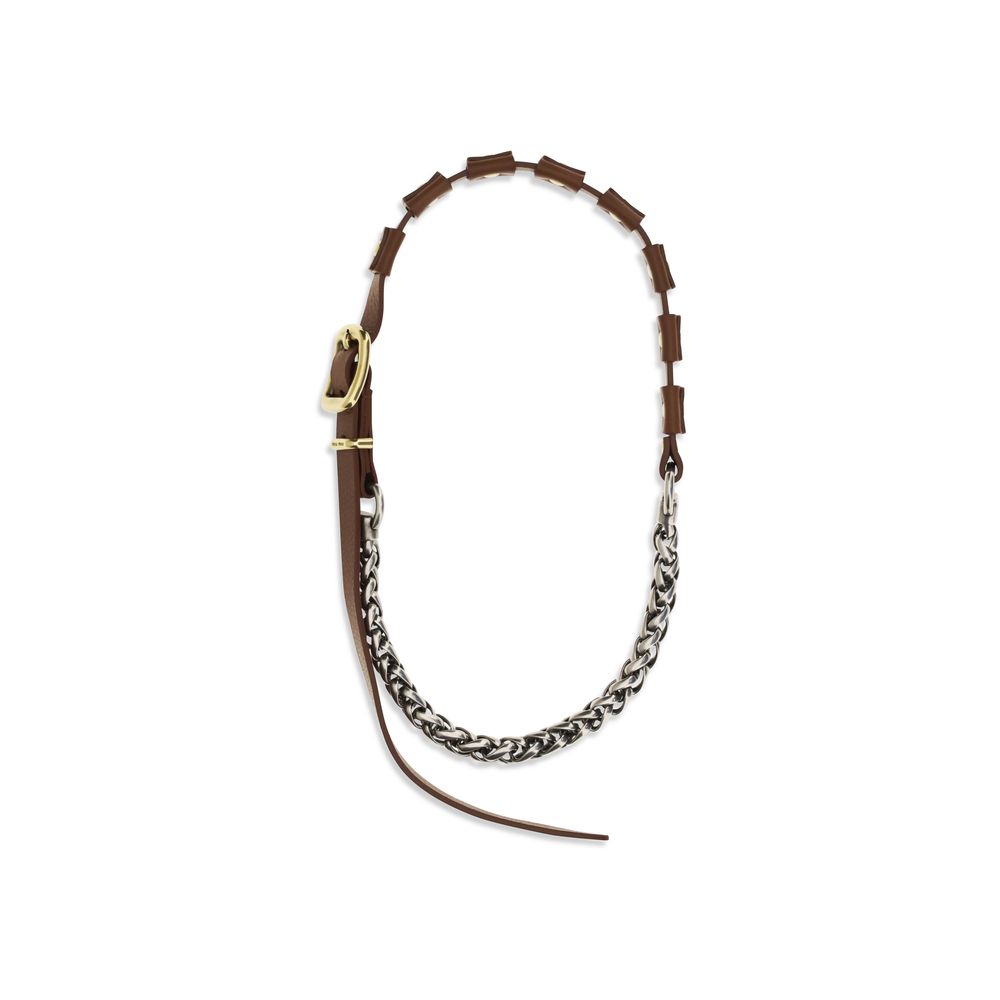 Miu Miu Brown Studded Calfskin Leather & Metal Necklace