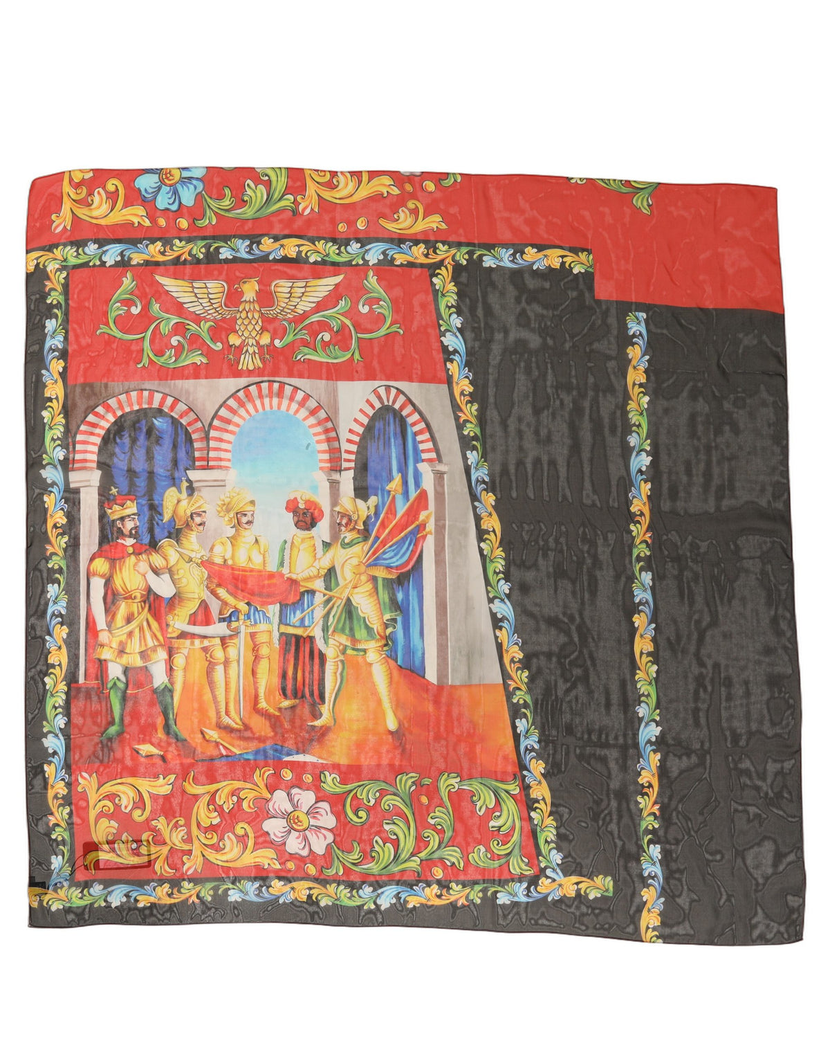 Dolce & Gabbana Red Framed Portrait & Geometric Silk Foulard