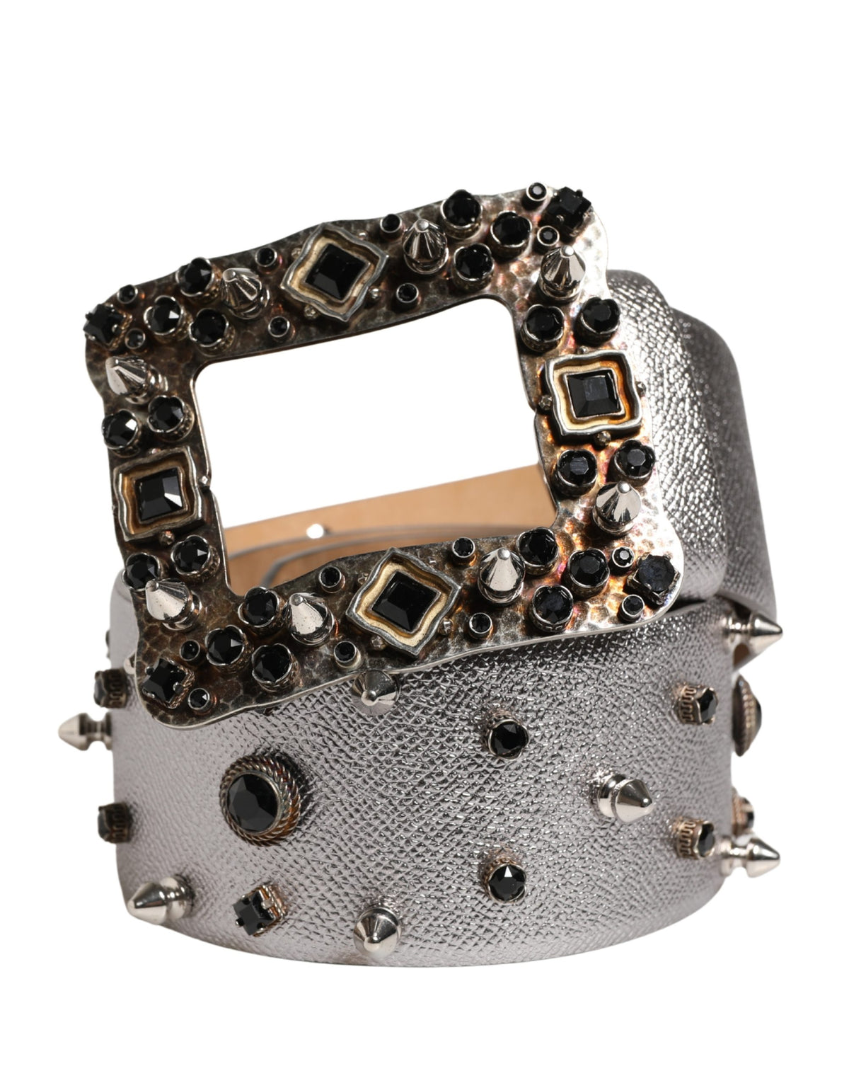 Dolce & Gabbana Silver Calf Leather Crystal-Embellished Waist Belt