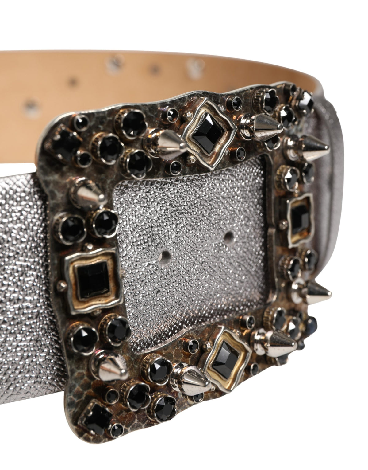 Dolce & Gabbana Silver Calf Leather Crystal-Embellished Waist Belt