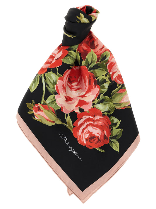 Dolce & Gabbana Bouquet Rose Black Silk Twill Foulard