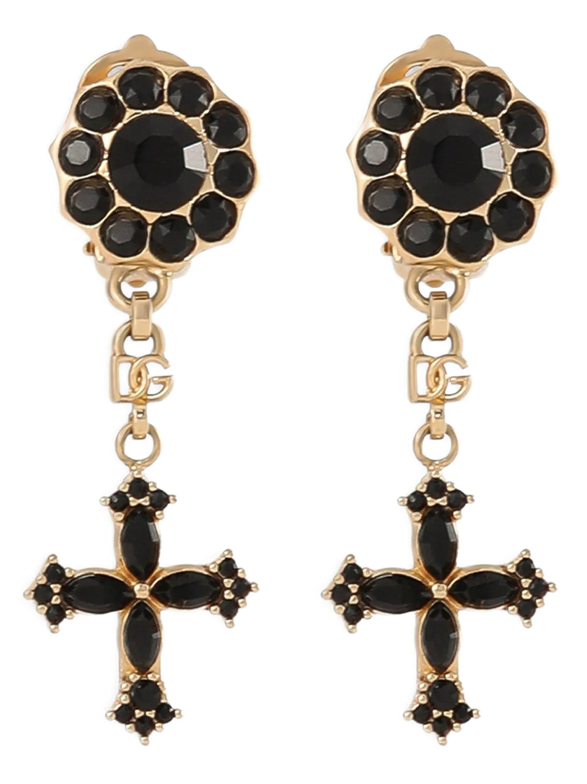 Dolce & Gabbana Black Crystal Floral Cross Clip-On Earrings