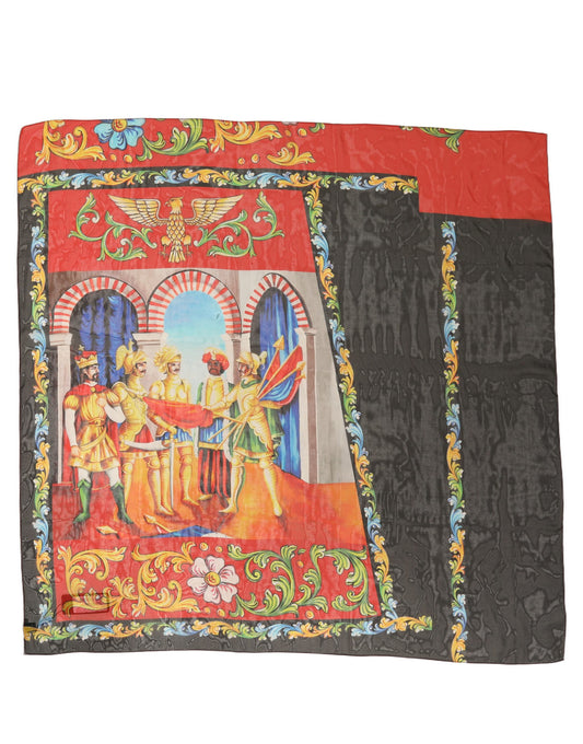 Dolce & Gabbana Red Framed Portrait & Geometric Silk Foulard