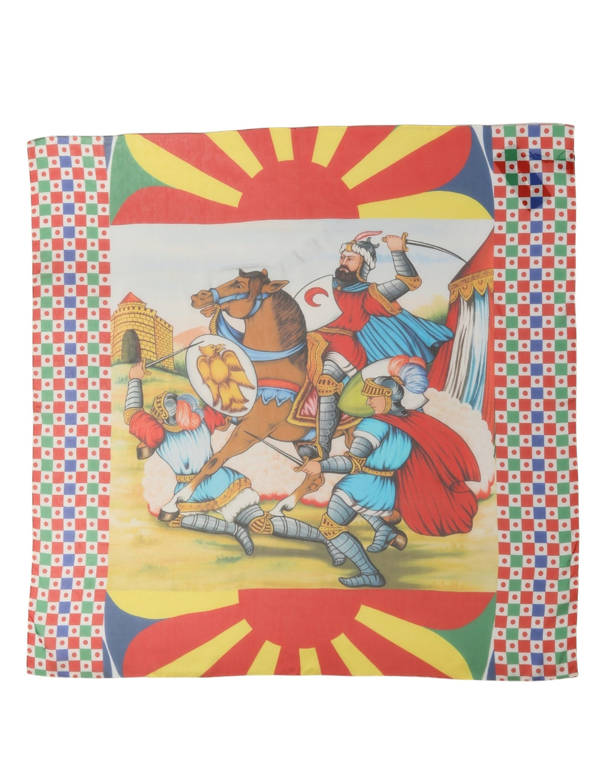 Dolce & Gabbana Blue Framed Portrait & Geometric Silk Foulard