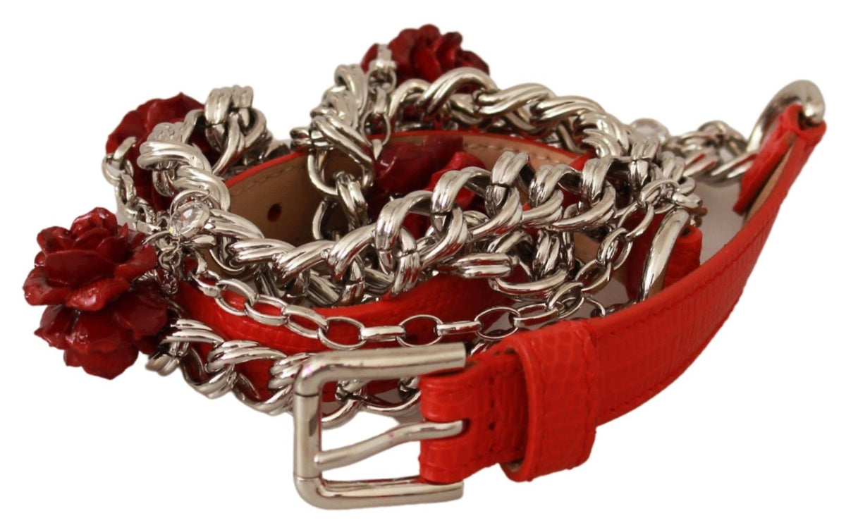 Dolce & Gabbana Red Leather Rose-Embellished Chain Waist Belt