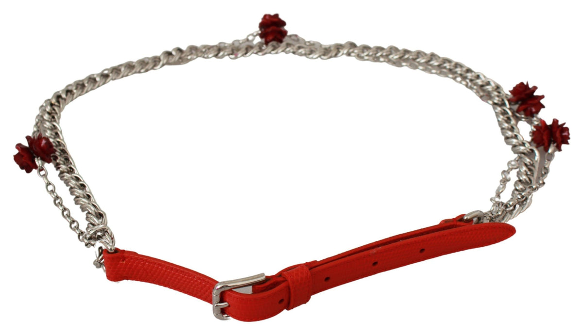 Dolce & Gabbana Red Leather Rose-Embellished Chain Waist Belt