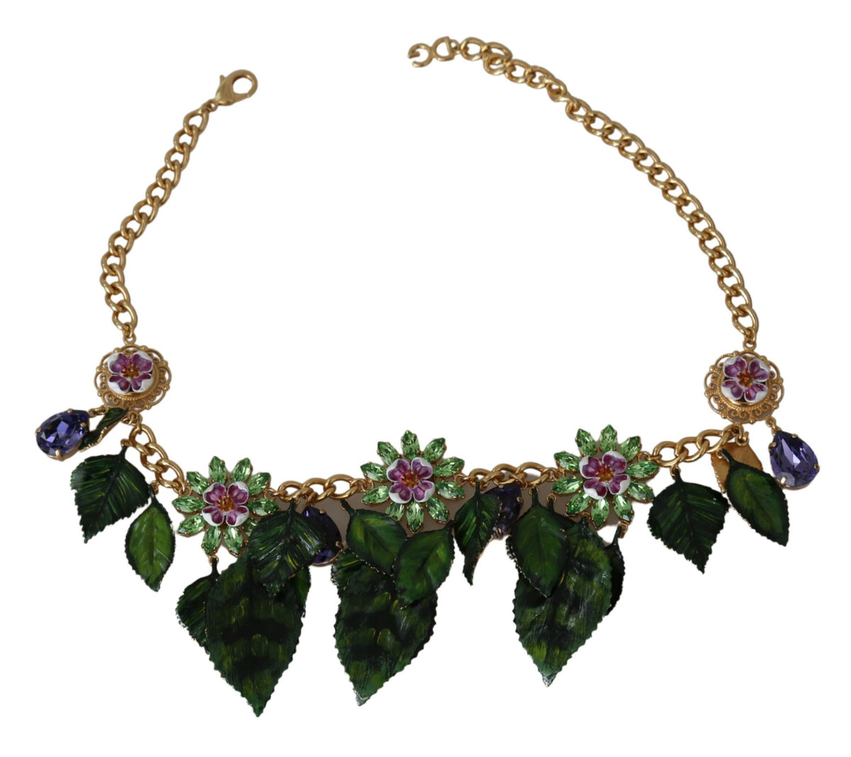Dolce & Gabbana Gold-Tone Green Crystal Floral Pendant Necklace