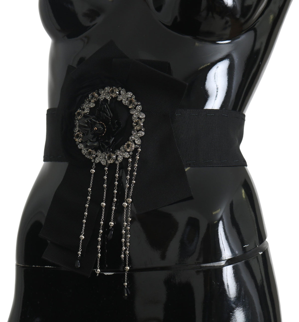Dolce & Gabbana Black Crystal Brooch Wide Waist Belt