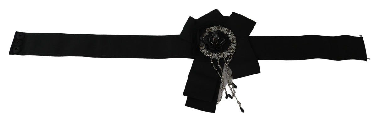 Dolce & Gabbana Black Crystal Brooch Wide Waist Belt