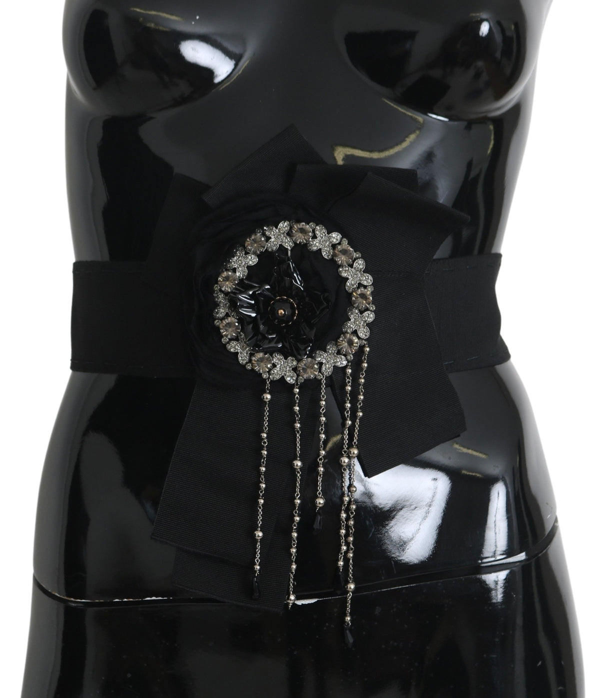 Dolce & Gabbana Black Crystal Brooch Wide Waist Belt