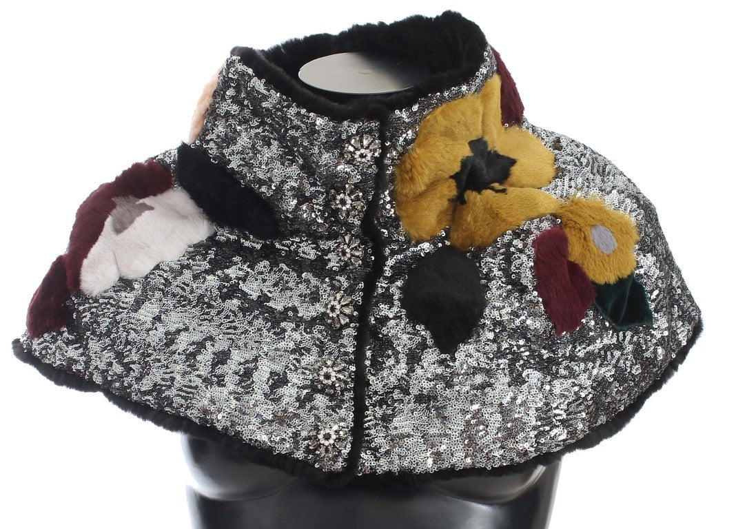 Dolce & Gabbana Silver Sequin Floral Weasel Fur Shoulder Wrap