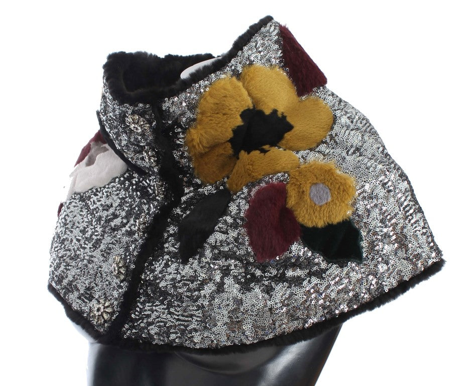 Dolce & Gabbana Silver Sequin Floral Weasel Fur Shoulder Wrap