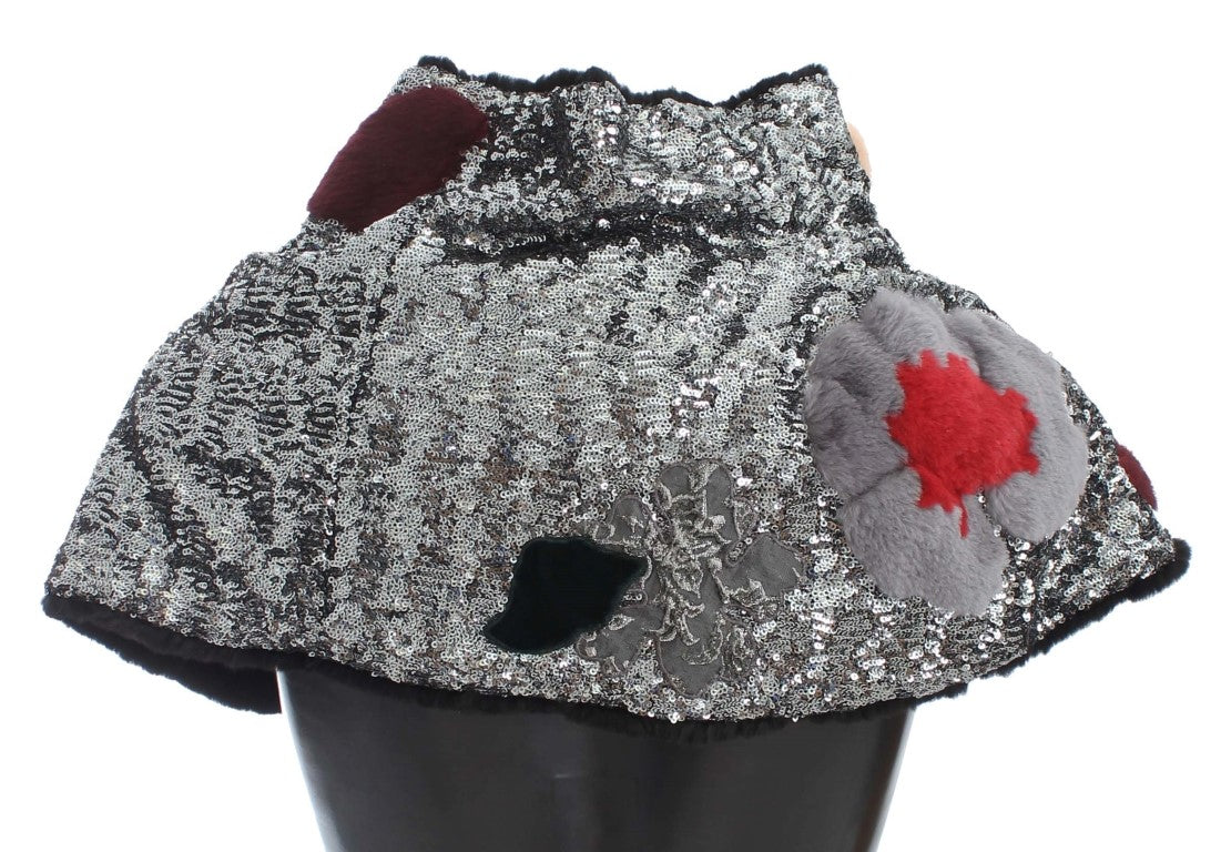 Dolce & Gabbana Silver Sequin Floral Weasel Fur Shoulder Wrap