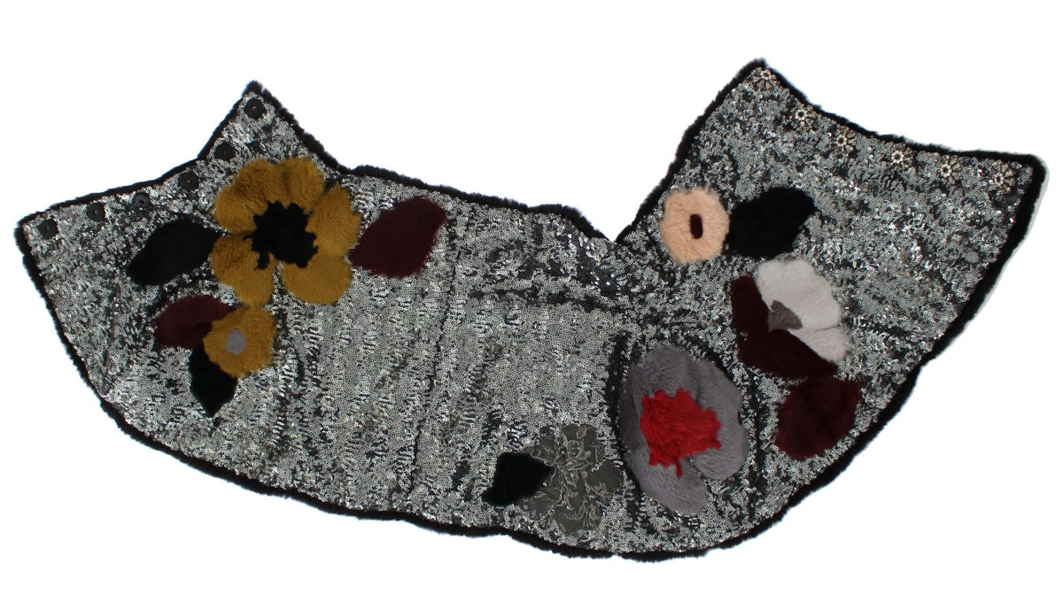 Dolce & Gabbana Silver Sequin Floral Weasel Fur Shoulder Wrap