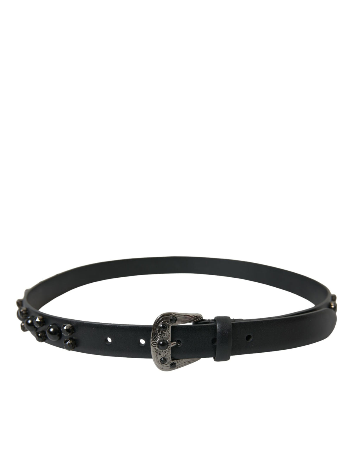 Dolce & Gabbana Black Calf Leather Engraved Buckle Belt
