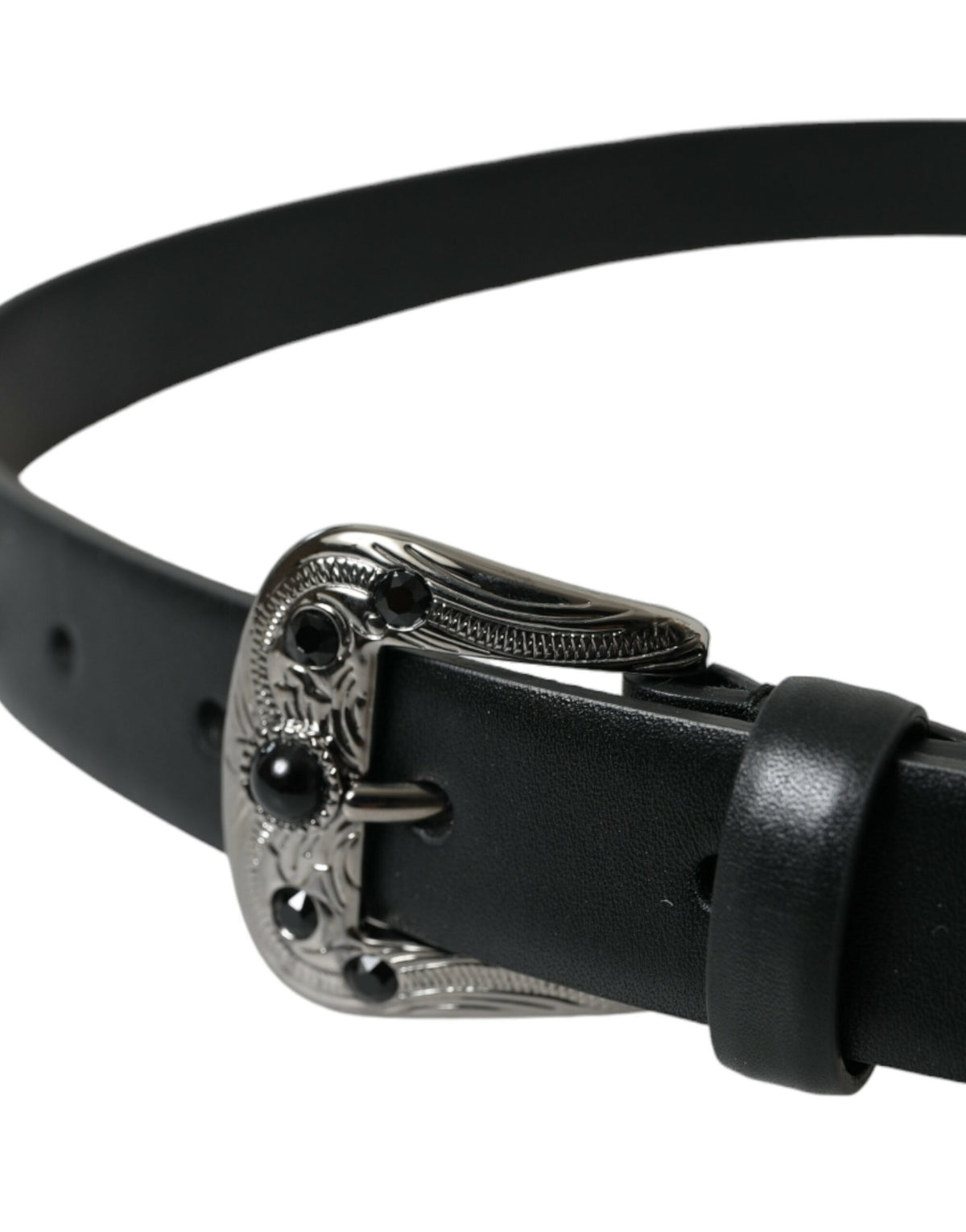 Dolce & Gabbana Black Calf Leather Engraved Buckle Belt
