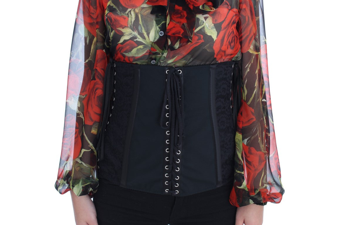 Dolce & Gabbana Black Floral Brocade Stretch Corset Belt